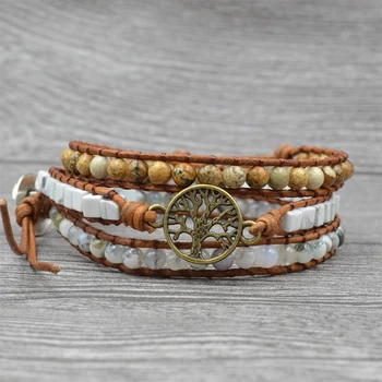 

Plumiss Boho Tree of Life Charm Wrap Bracelet Ethnic Howlite Picture Stone Beads Bracelets Leather Braided Female Jewelry Bijoux