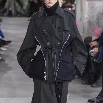 

Runway 2020 Fall Winter Women Double Breasted Jacket And Coat BF Style Lace Up Color Block Loose Kahki Jacket Overcoat B114