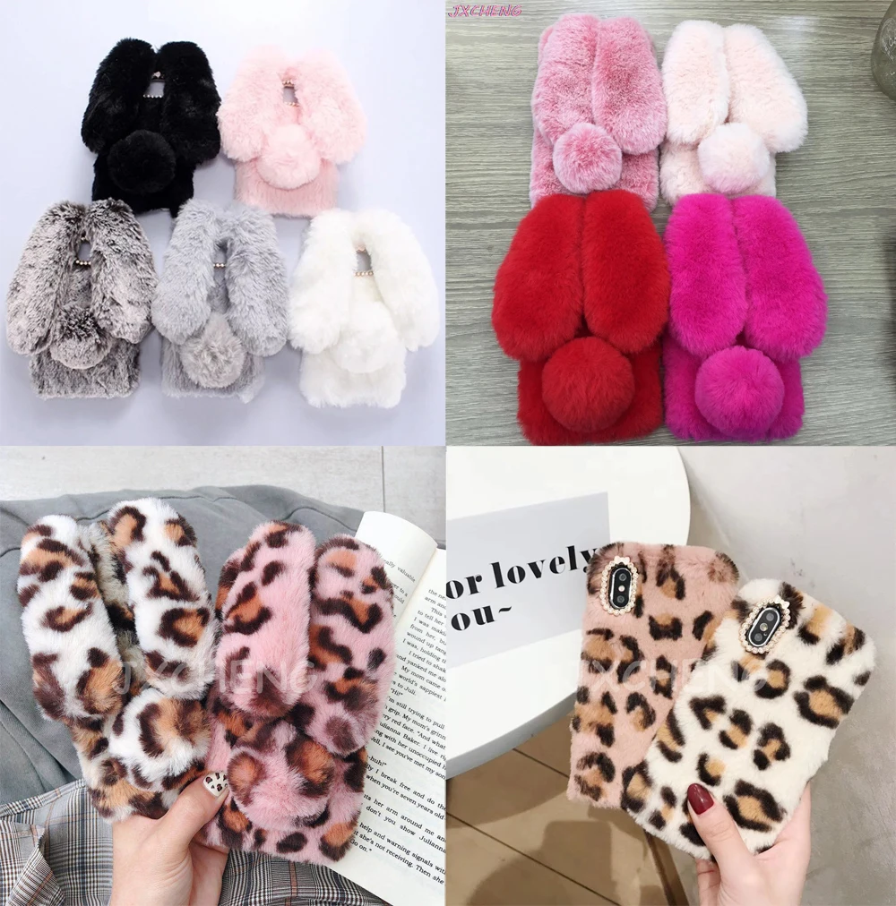 

Rabbit Case For Huawei Honor 10i/20i/20 lite Cute Bunny Hairy Warm Fur Bling Rhinestone Plush Soft TPU Cover Case