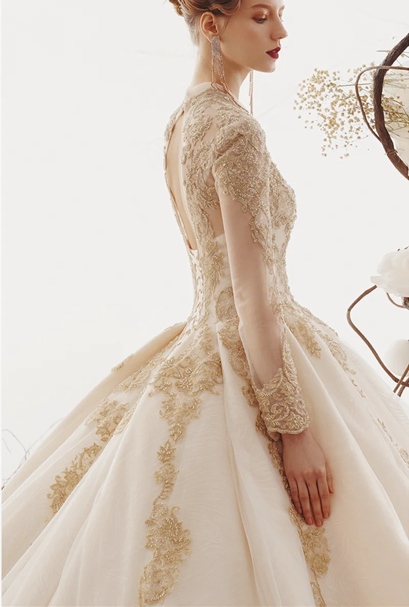 SoAyle Vestido de Noiva Hepburn роскошное свадебное платье цвета шампань с v-образным вырезом и Длинными Рукавами Свадебное Платье вышитое бисером кружевное платье с аппликацией