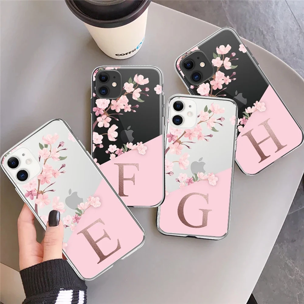 Pink Flowers Initial Letter A To Z Transparent Phone Case for iphone 11 
 13 Pro Max 12 Pro Max 7 8 Plus XS Max X XR Soft Cover best iphone 13 case