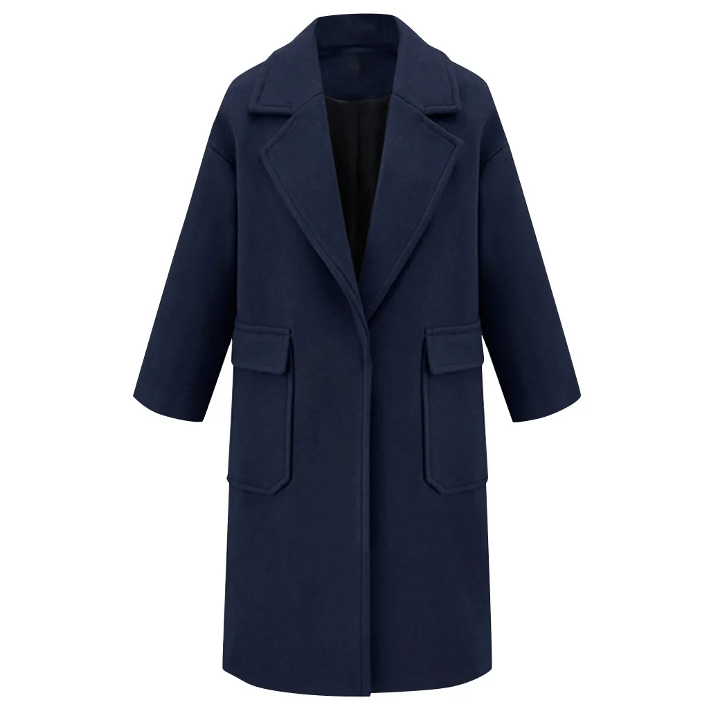 Зимнее пальто женское зимнее шерстяное пальто с отворотом удлиненный верхний жакет верхняя одежда из шерсти Женское Пальто Moda Feminina длинное пальто - Цвет: Синий