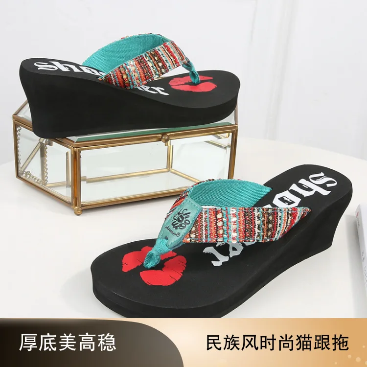 

2019 New Style Creative Cat with Drag Women's Sandals Bohemian Ethnic-Style Slanted Heel Thick Bottomed Flip-flops