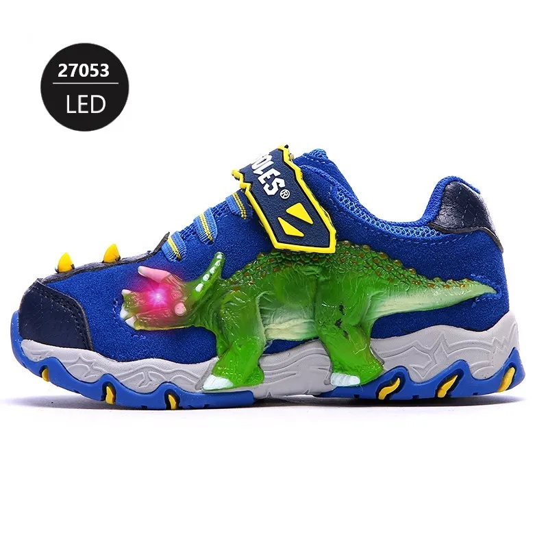 DINOSKULLS/осенний светильник; обувь для мальчиков; кроссовки со светящимися светодиодами; 3D; большой динозавр; маленькие дети; натуральная корова; детская спортивная обувь - Цвет: Blue-four LED