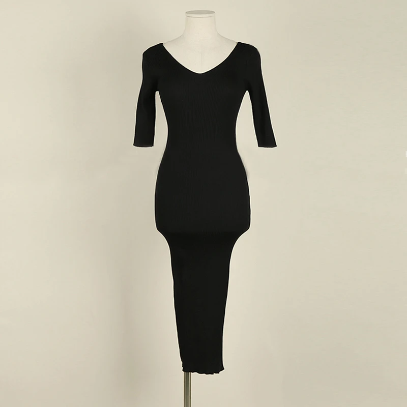 

Woolen Skirt Autumn New Women V-Neck Slim Sexy Office Ladies Knitted Dress