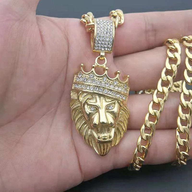 Хип хоп Bling Iced Out Стразы Золото Нержавеющая сталь корона лев Подвески ожерелье для мужчин рэппер ювелирные изделия 7 мм 61 см кубинская цепь - Окраска металла: Gold