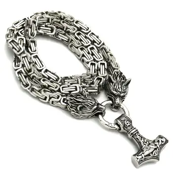 

Nostalgia Stainless Steel Wolf Chain Thor Hammer Odin Symbols Wolf Amulet Dragon Cross Pendant Archangel Charm Viking Necklace