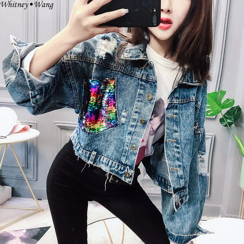 WHITNEY WANG Осенняя мода уличная высокая Талия Блестки Карманы джинсовая куртка женская Стильная джинсовая куртка - Цвет: Color 2