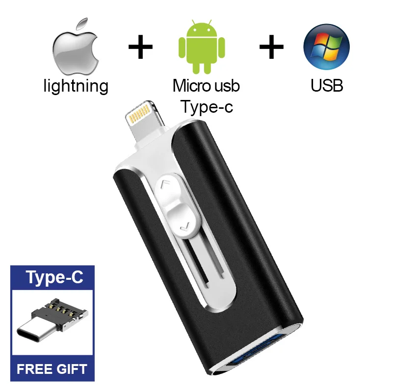 Black Type-c OTG USB флэш-накопитель для iPhone X/XS/8/7 Plus ipad металлический флеш-накопитель HD флеш-накопитель 8 Гб оперативной памяти, 16 Гб встроенной памяти, 32 ГБ, 64 ГБ, 128 ГБ подарок Тип-c адаптер - Color: Black Type-c