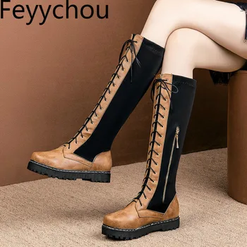 

Women Boots Autumn Winter Med Heel Pu Knee High Round Toe Zip Mixed-colors Platform 2019 New Sexy Fashion Motorcycle Boots