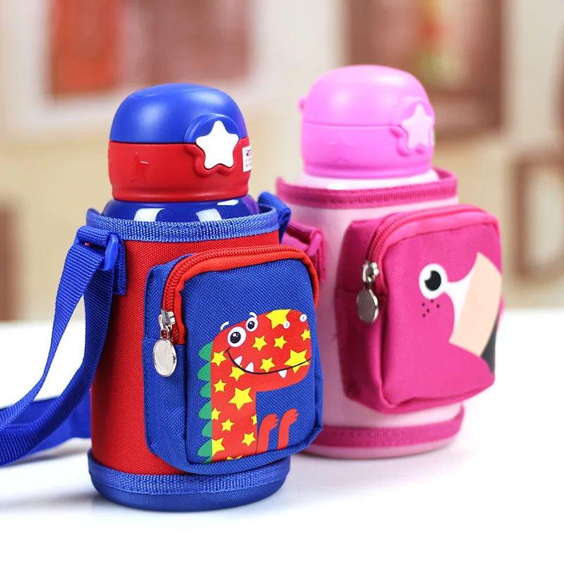 

500ML Thermos Cup Cartoon Dinosaur 316 Stainless Steel Vacuum Flask Mug for Kids Children Leak-proof Straw Water Bottle with Bag