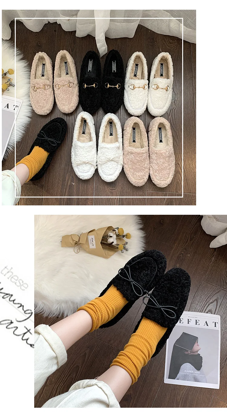 Plush Loafers Ballets Flats Shoes Woman Winter Flock Solid Moccasins Slip-Ons Peas Plush Egg Roll Flats Footwear