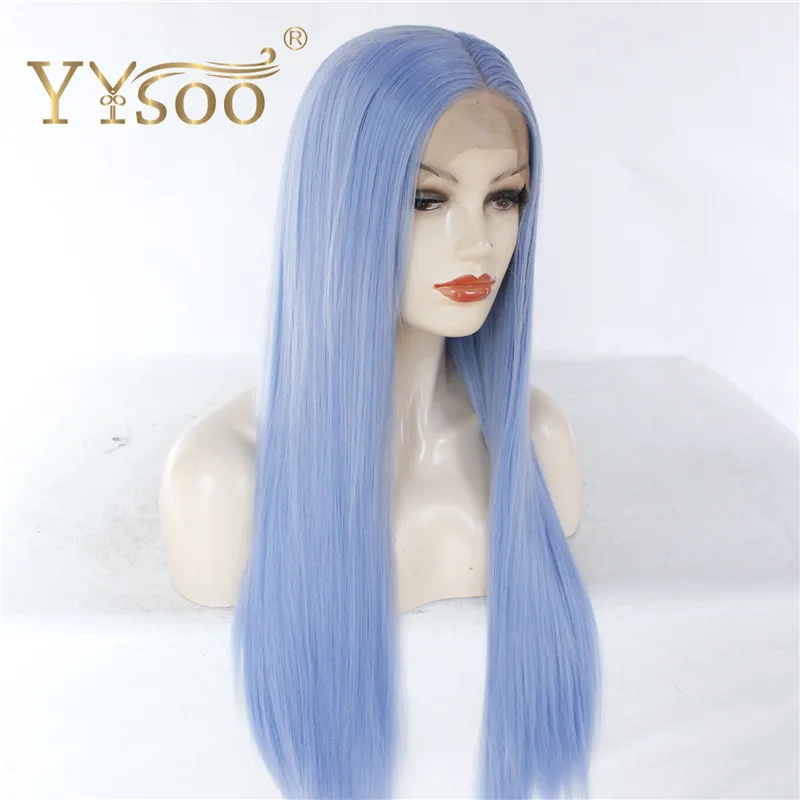 Sintéticas da Parte Dianteira do Laço Peruca de Fibra Resistente ao Calor Yysoo Longa Seda Reta Natural Linha Fina Luz Azul Perucas Meninas Uso Diário 13x4 5 High Quality Apliques e perucas