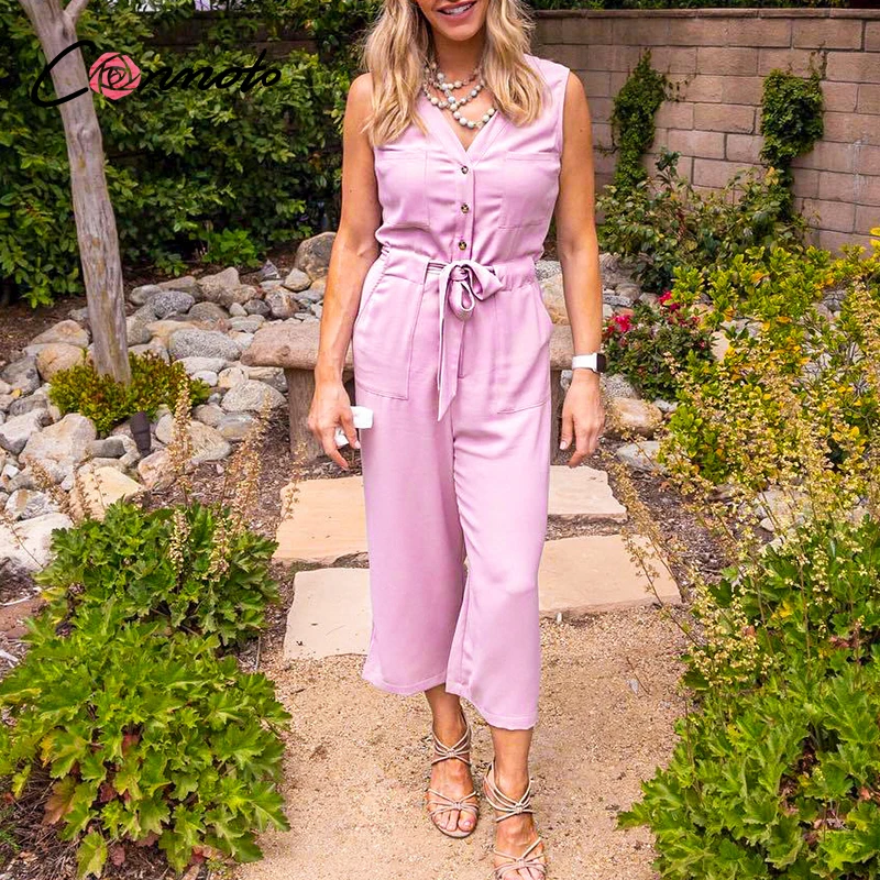 Conmoto sleevless summer 2020 solid pink jumpsuits rompers women pockets beach jumpsuits button sash casual plus size jumpsuit Conmoto sleevless summer 2020 solid pink jumpsuits rompers women pockets beach jumpsuits button sash casual plus size jumpsuit