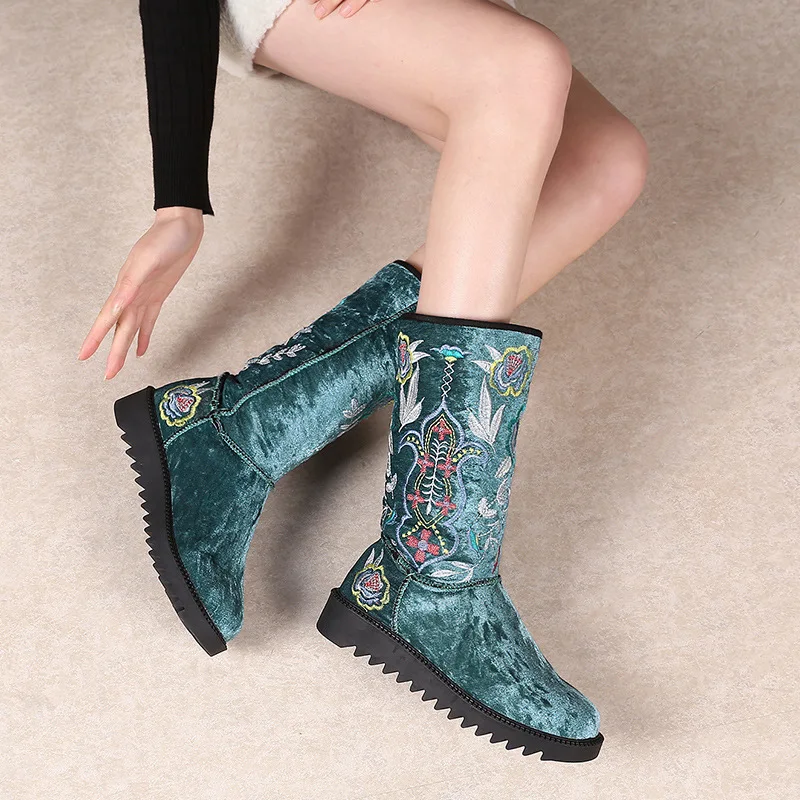

Snow Boots Women's 2019 Winter New Style Brushed And Thick Tube Snow Boots Ethnic-Style Embroidered Mom Shoes Thick Bottomed