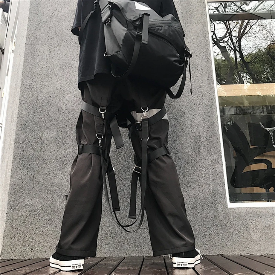 Широкие брюки уличная Jogger мужские свободные спортивные штаны с лентой Светоотражающие модные черные походные Мужские штаны HZ157