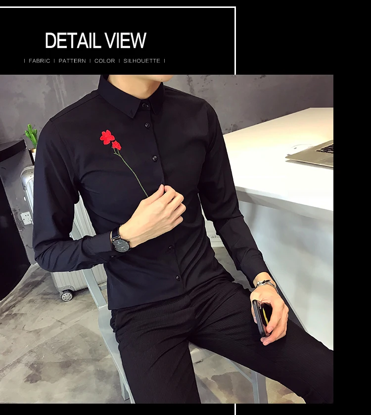 Рубашка с вышитыми цветами, мужская, с длинным рукавом, брендовая, Camisa Masculina, приталенная, уличная, для выпускного, смокинг, для ночного клуба, вечерние рубашки