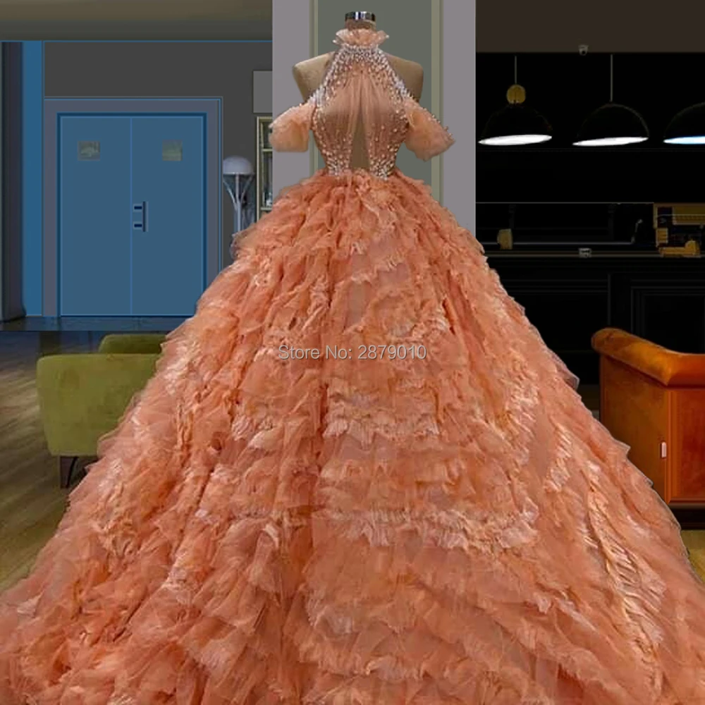 

Orange 2019 V-Neck Ball Gown Sleeveless Long Evening Dress Beaded Sequined Pearl Tulle Floor-Length Women Dress Prom Dress Dubai