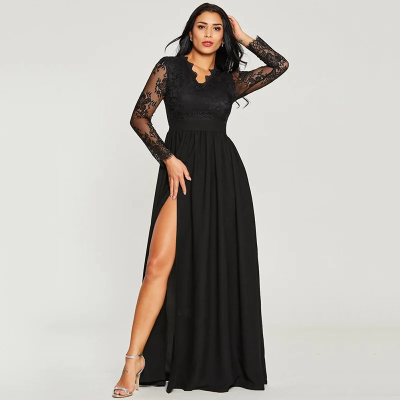 

Women Party Dress Long Sleeve V Neck Lace Patchwork Elegant Maxi Dresses Sexy Split Up Vestidos De Festa Feminino Longo 4 Colors