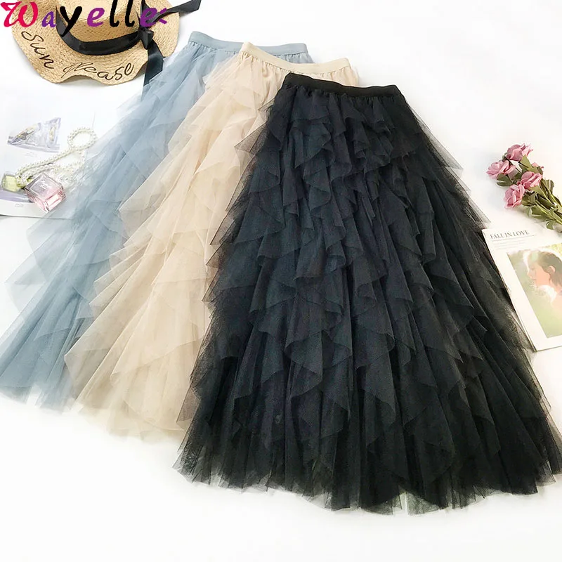 

Korean Tulle Long Skirt Women Pink Tulle Skirt Female 2019 Autumn Elastic High Waist Ruffles Elegant Female Mesh Tutu Skirts