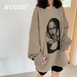 RUGOD/Новинка 2019 года, Осенний Женский свитшот, имитация двух частей, пуловер с принтом персонажей, свободный, большой размер, футболка