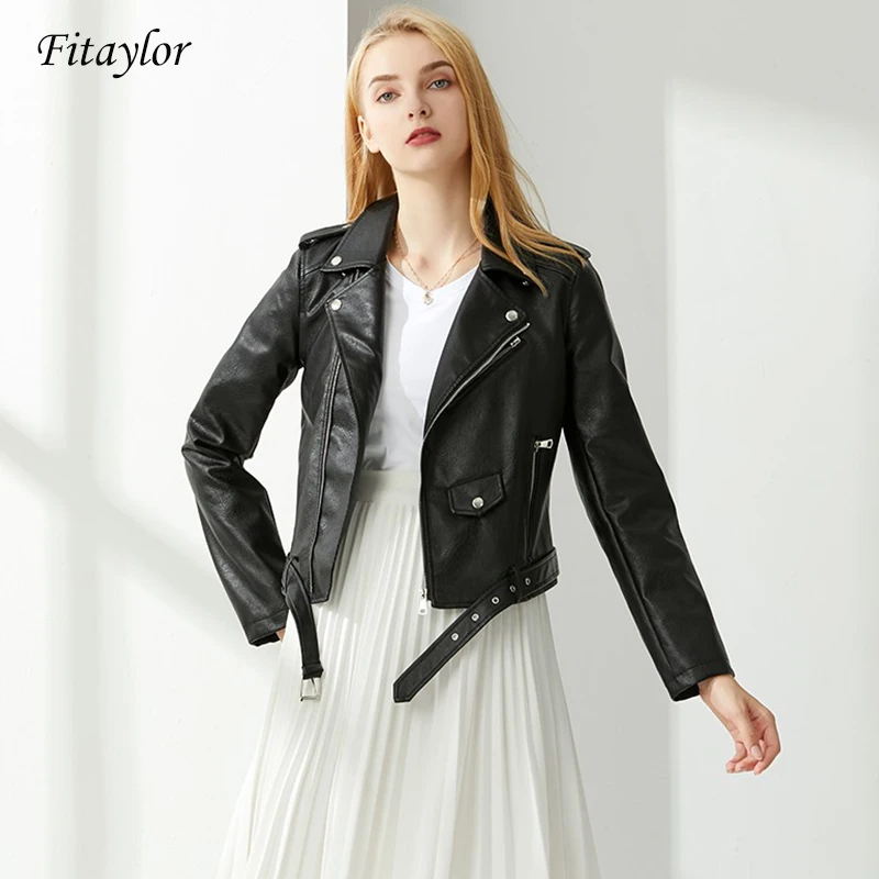 Fitaylor Women's Short Pu Leather Jacket Female Rivet Zipper Basic With ...
