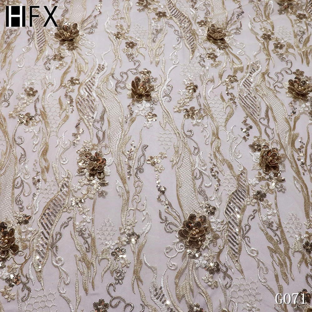 HFX Latest 3D flower Sequins Lace Fabrics High Quality African French Tulle Mesh Lace Fabrics with Sequin for Wedding dress G071