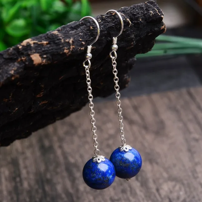 925 Silver Natural Lapis Lazuli 8-10mm Beads Earrings Original Simple Jade Pulp Bead Handmade Gift Women Fine Stone Jewelry New | Украшения