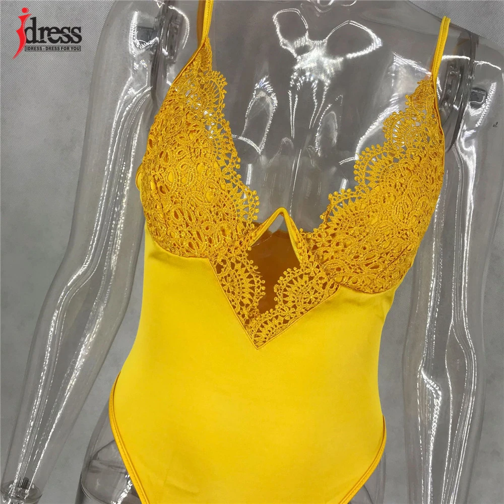 IDress 2020 New Sexy Satin Bodysuit Top Lace Flower Embroidery Body Top Women Skinny V Neck Steel Ring Bodysuit Summer Overalls (8)