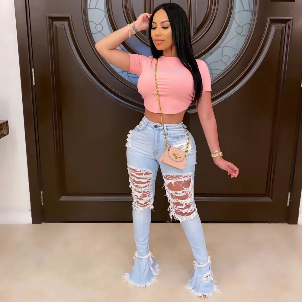 2020 Summer Denim Pants Women Retro Solid Sexy Hole Jeans Ripped Flare Trousers Street Skinny High Waist Lady Pants (9)