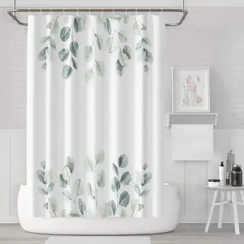 

Shower Curtain Set with 12 Hooks Watercolor Botanical with Eucalyptus Leaves Floral Greeting Signboard AndPolyester Fabric