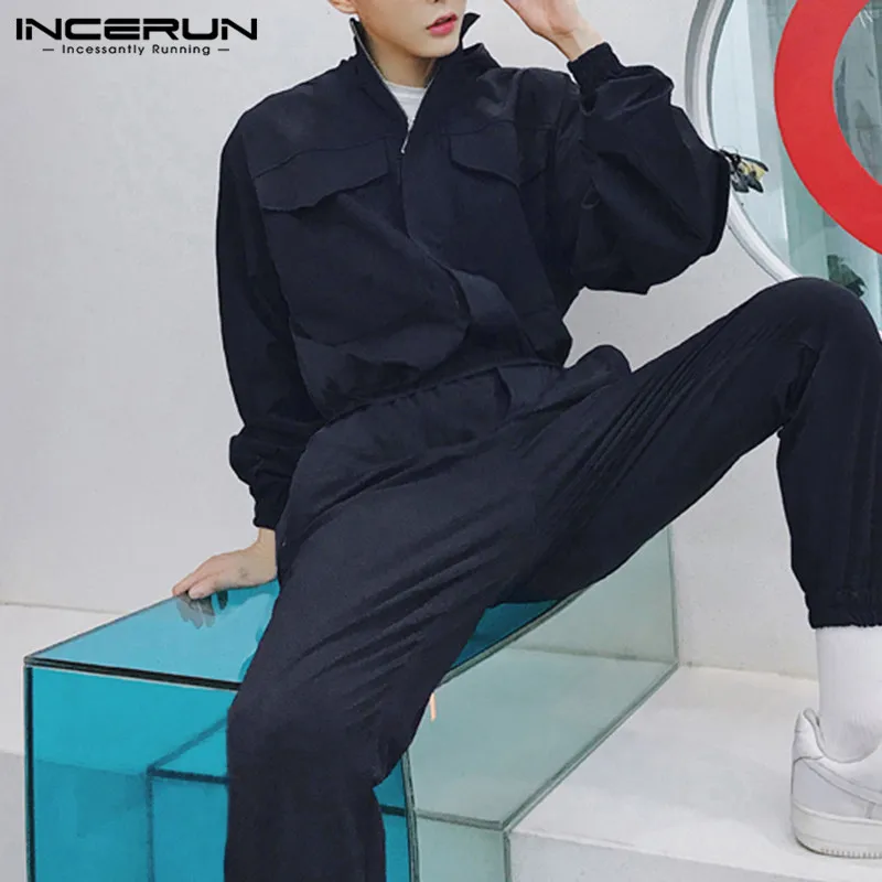 INCERUN Mens Rompers Jumpsuit Long Sleeve Zippers Joggers Solid Casual Pants Stylish Cargo Overalls Men Streetwear Hombre