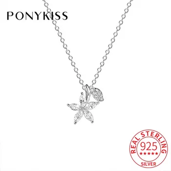 

PONYKISS Trendy S925 Sterling silver Flower and Leaves Zircon Pandant Necklace Chain for Women Elegant Fine Accessory Gift