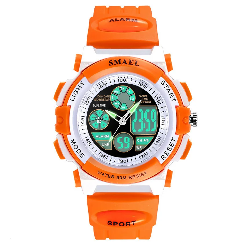 SMAEL детей часы для девочек цифровые часы lcd детей 50 м Водонепроницаемый Наручные часы студенческие часы для девочек - Цвет: Orange Dual