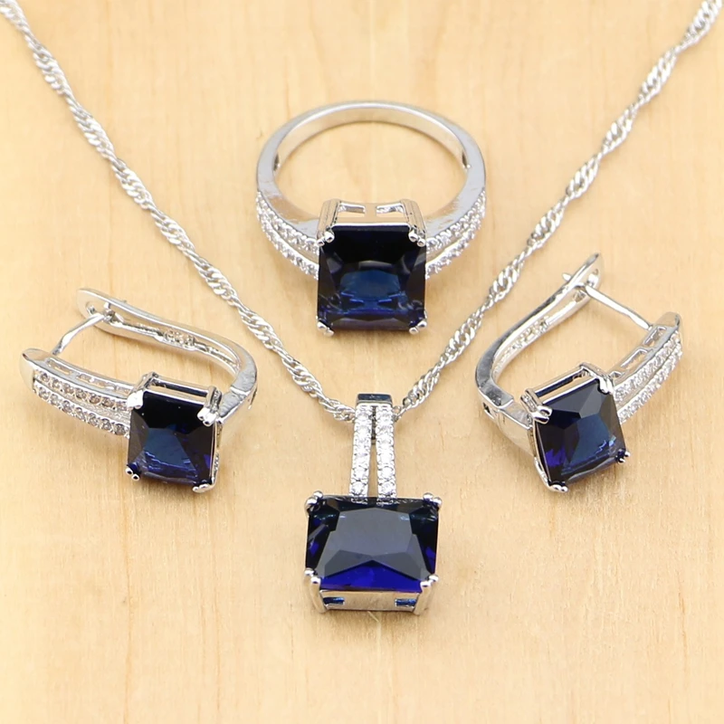 Mystic Square Blue Zircon Silver 925 Jewelry Sets For Women Wedding