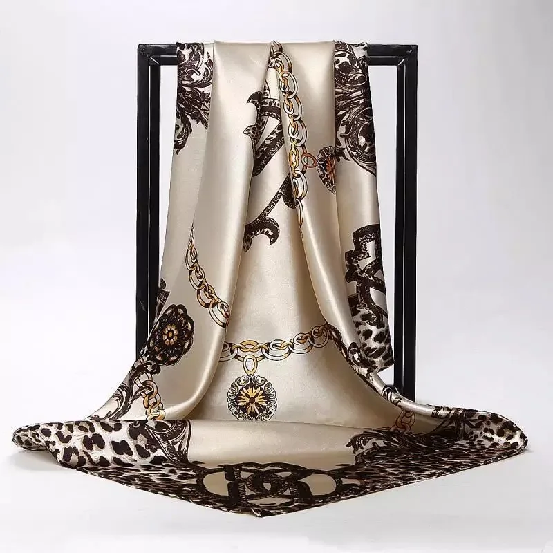 Шелковые шарфы для женщин с принтом Foulard, атласные шарфы с квадратной головкой хиджаб для дам, роскошные брендовые шали 90*90, бандана, большой шарф - Цвет: 43