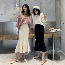 Женская юбка, одноцветная, Вязанная, облегающая, юбка с высокой талией, трикотажная, труба, юбка для женщин, модная