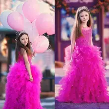 Пышные платья принцессы для девочек; фатиновое платье цвета фуксии с кружевом и жемчужинами, украшенное жемчужинами; Многоуровневое детское платье с цветочным узором для девочек для свадебной вечеринки