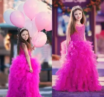 

Princess Girls Pageant Dresses Fuchsia Tulle Lace Pearls Jewel Neck Tiered Kids Flower Girls Dress for Wedding Party