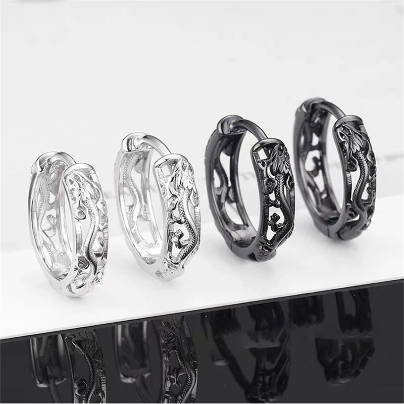 KOFSAC New Vintage Punk Creative Hollow Black Gold Dragon Hoops Jewelry 925 Sterling Silver Earrings For Men Party Accessories