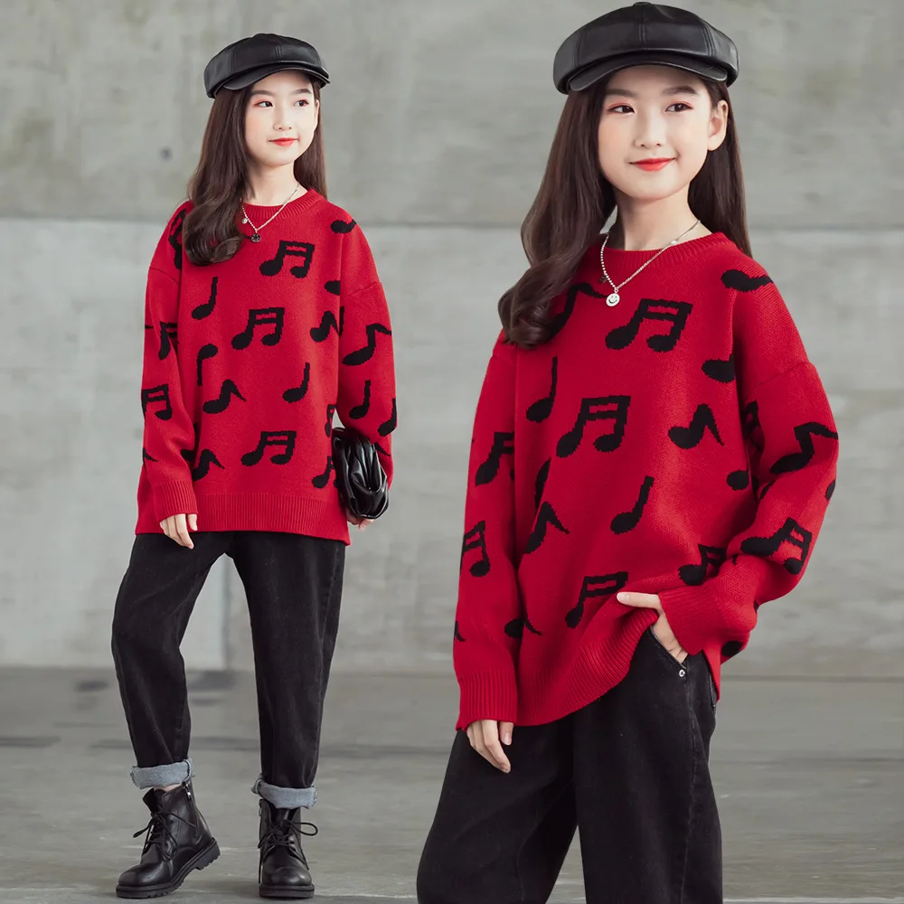 

2020 New Teenage Sweaters for Girls Clothes Autumn Winter Christmas Red Pullover Knitted Sweater Kids Letter Print Tops 10 12 Y