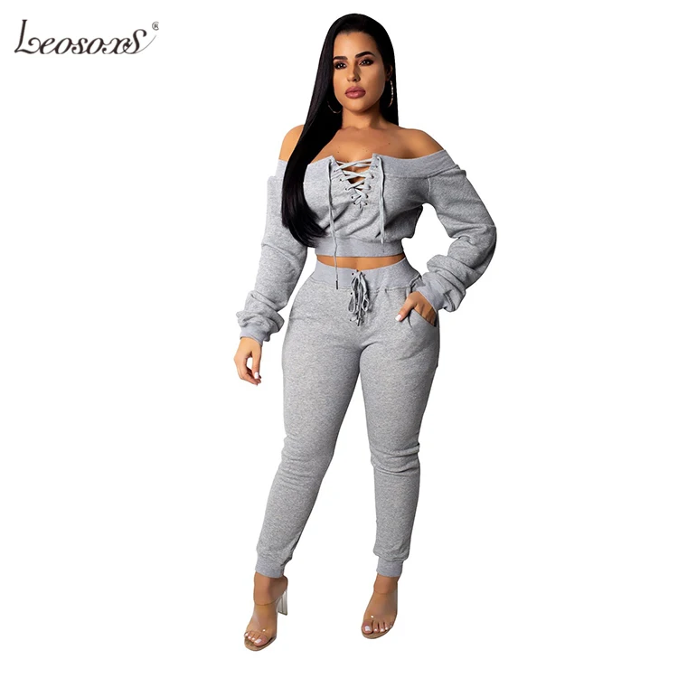 

New Solid Hoodie Crop Top Eyelet Band Casual Suit Women Sweat Two Piece Set Suits