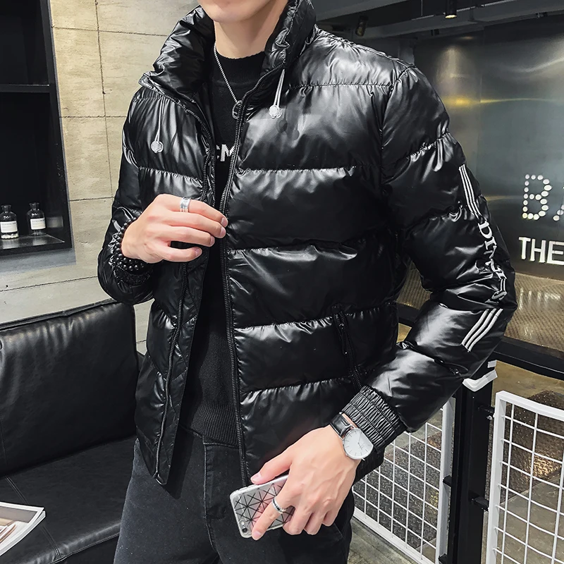 

2020 Winter New Youth Temperament Trend Solid Color Bright Capless Pocket Zipper Collar Men's Cotton Clothing Inverno Masculino