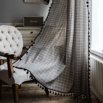 

Modern Grey Plaid Curtain With Tassel For Living Room Blinds French Windows Cotton Semi Blackout Finished Curtains