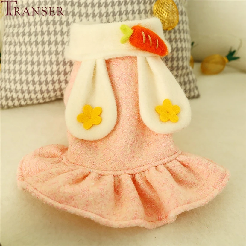 Transer Cute Sweet Pink Dog Dress Carrots Long Rabbit Ear Pet Dog Clothes Short Ruffle Winter Puppy Skirts 910