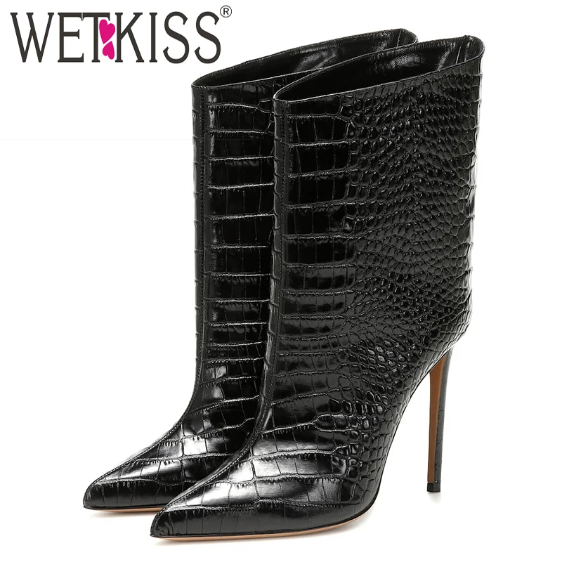 Tanie WETKISS szpiczasty nosek szpilki wysokie buty Sexy Slip On buty damskie moda antypoślizgowe Bootie Casual proste buty krótkie damskie