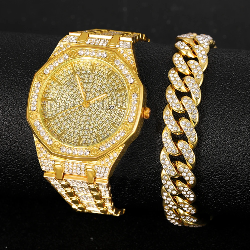2024 Iced Out Watch Bracelet for Mens Watch Cuban Chain Iced Out Watch Hip Hop Watches Rhinestone Gold Watch Clock relogio 5
