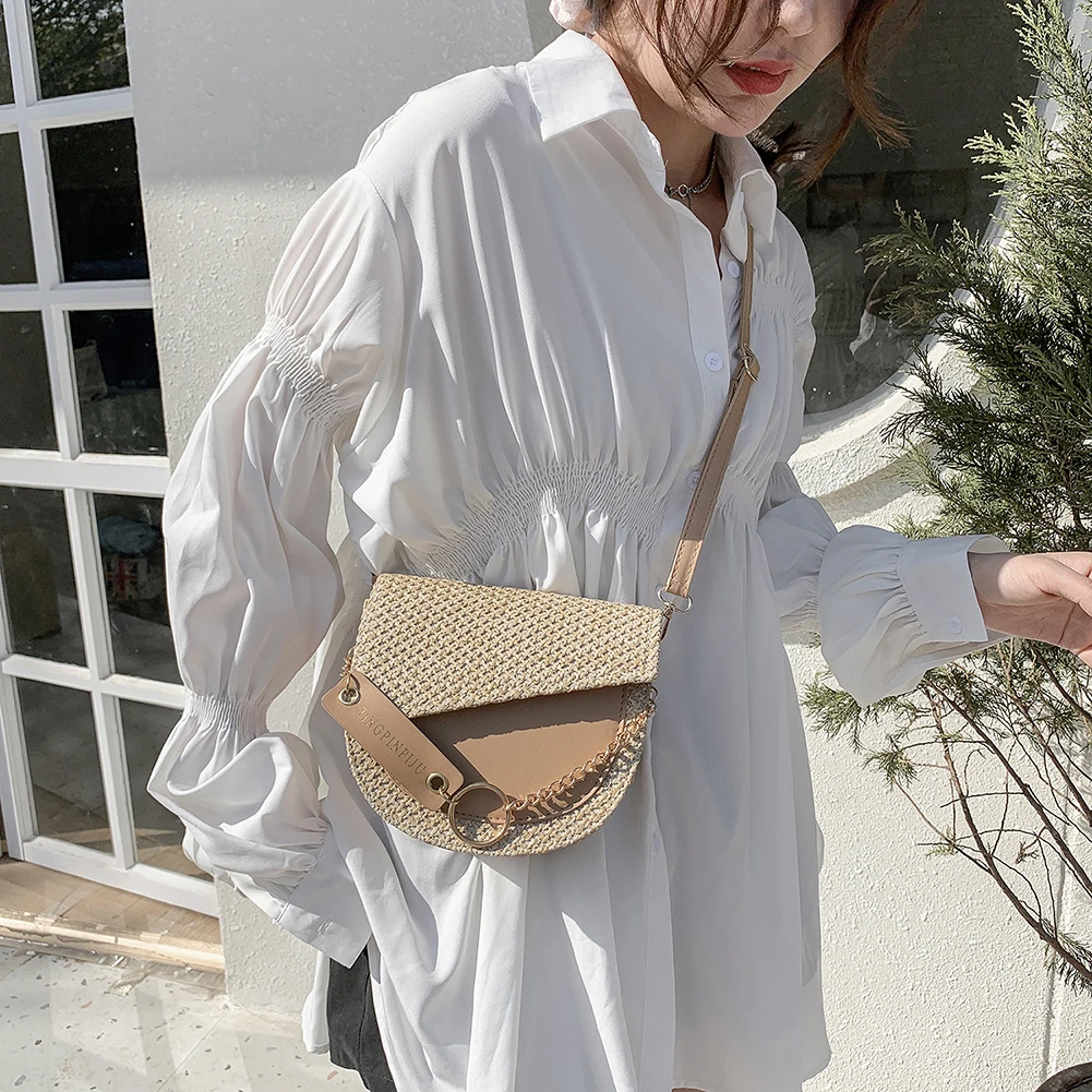 Bolso de paja para mujer, bolsa de cuero Pu + suave tejido de retales, bandolera femenina con cadena de media luna, 2021 - Imagen 4