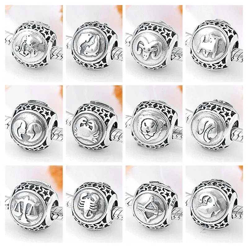 

925 Sterling Silver fashion 12 Constellation beads charms Jewelry making Fit Original Pandora Charm Bracelet