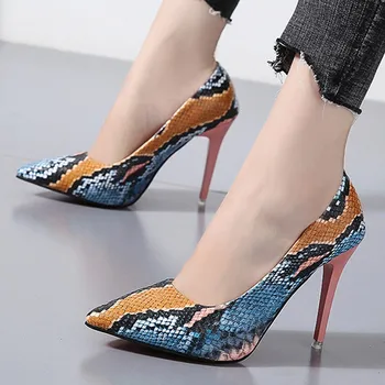 

Women PU Leather Pointed Toe Pumps Snake Printing Female Shoes Fashion 2019 Slip on High Heel Pumps Plus Size Ladies Footwear